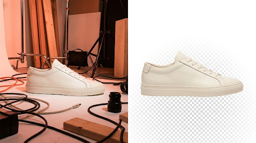 Before and after: a premium white sneaker photographed on a cluttered studio floor, then isolated on a pure white background with pixel-perfect clean edges around the sole and eyelets