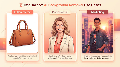 Three use cases: leather handbag on white for e-commerce listing (left), professional woman's portrait on soft gradient for LinkedIn (center), person composited onto city skyline for marketing (right)